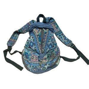 Boho Tribal Woven Backpack with Simba Zipper Charm – Blue Multicolor